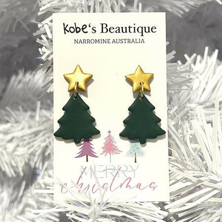 Green Christmas Tree Earrings with Gold Star Tops