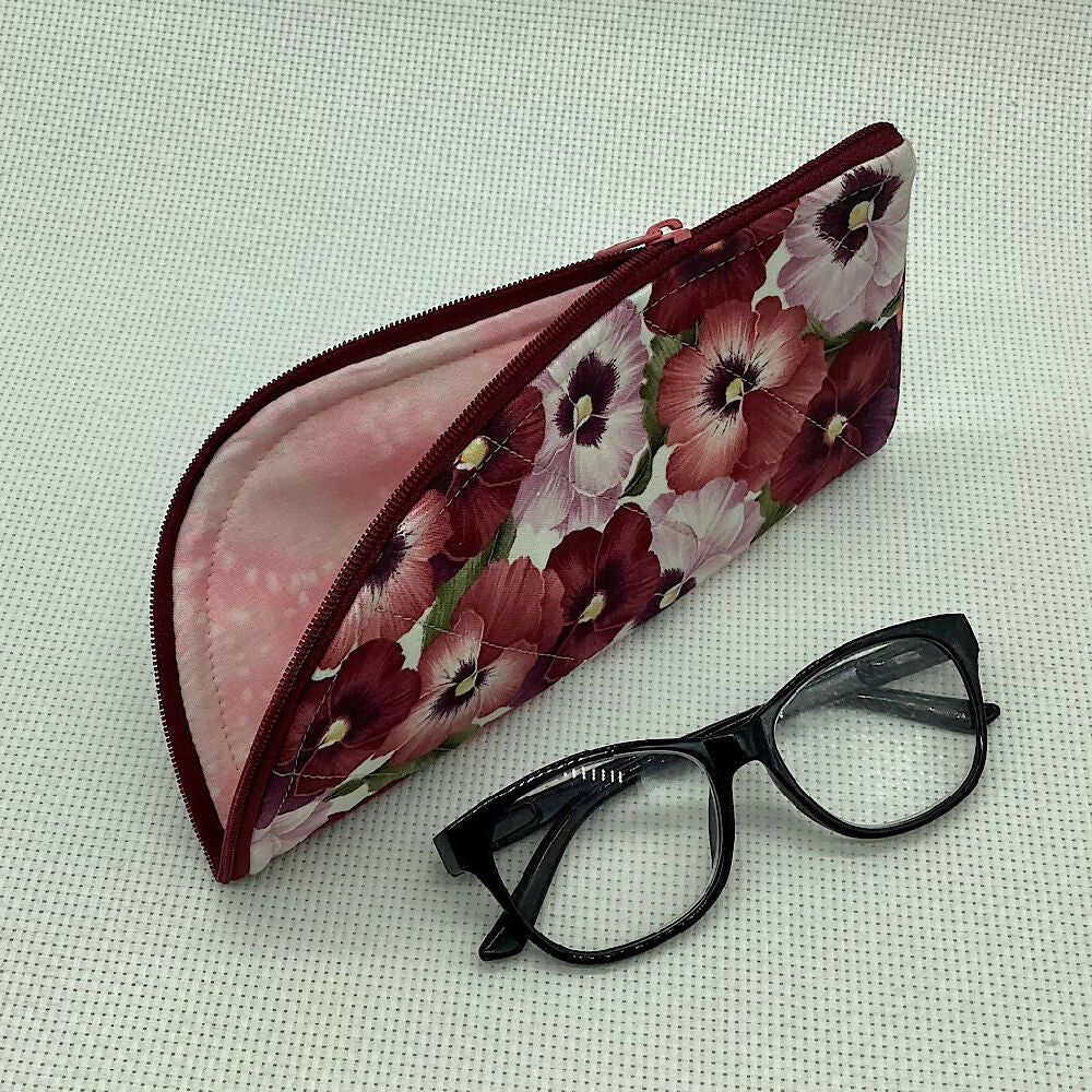Pansies curved top zip pouch for glasses, phones, handbag organiser, etc.