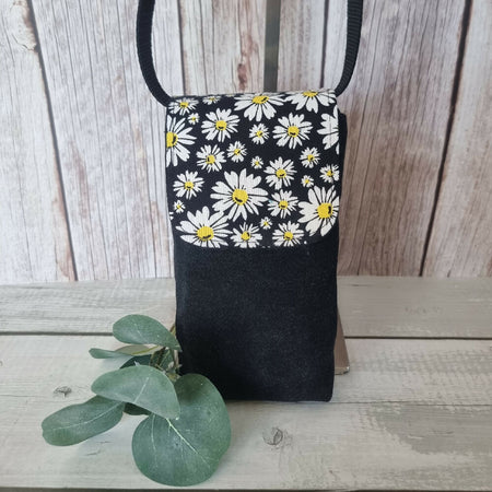 Upcycled mini mobile phone crossbody bag - black with white daisies