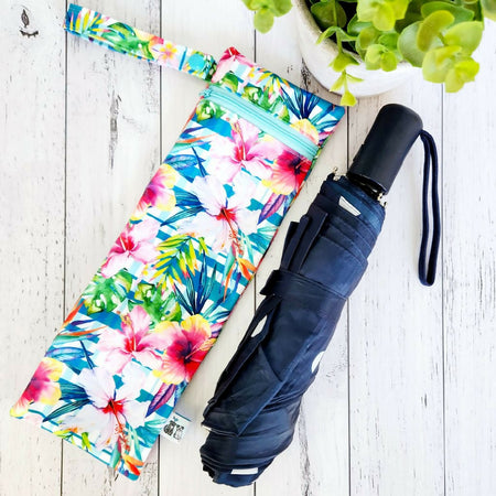 Umbrella Bag, Waterproof Reusable Zip Bag, Bright Tropical - Aqua or Pink Zip (2 options)