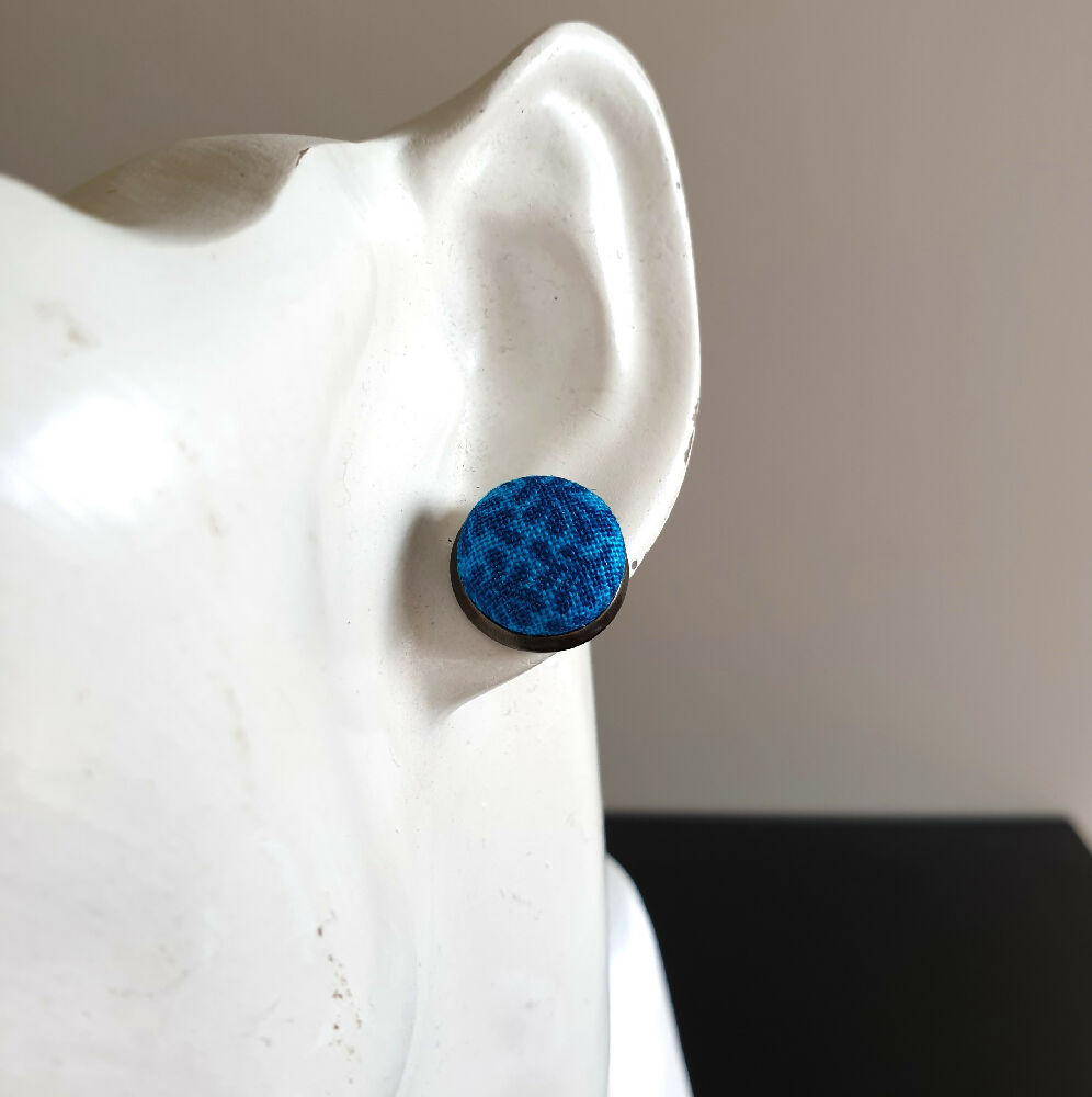 1.4cm Round Blue Plants cotton fabric Cabochon stud earrings