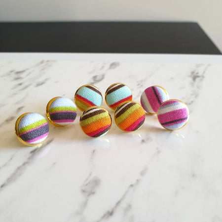 1.4cm Round Colourful Retro style Striped cotton fabric Gold colour Cabochon stud earrings