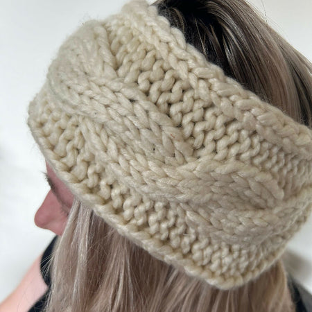 Hand Knitted Pure Wool Headband - Winter White Cable