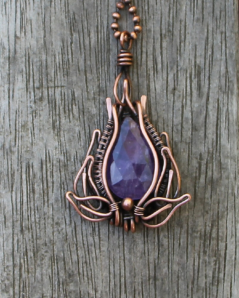Faceted Amethyst Sacred Lotus in Copper with chain