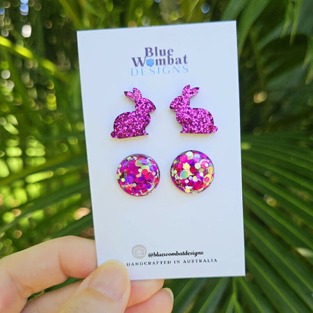 Two Pair Easter Bunny Rabbit and Round Dome Glitter Resin Sparkle Handmade Earring Stud Set