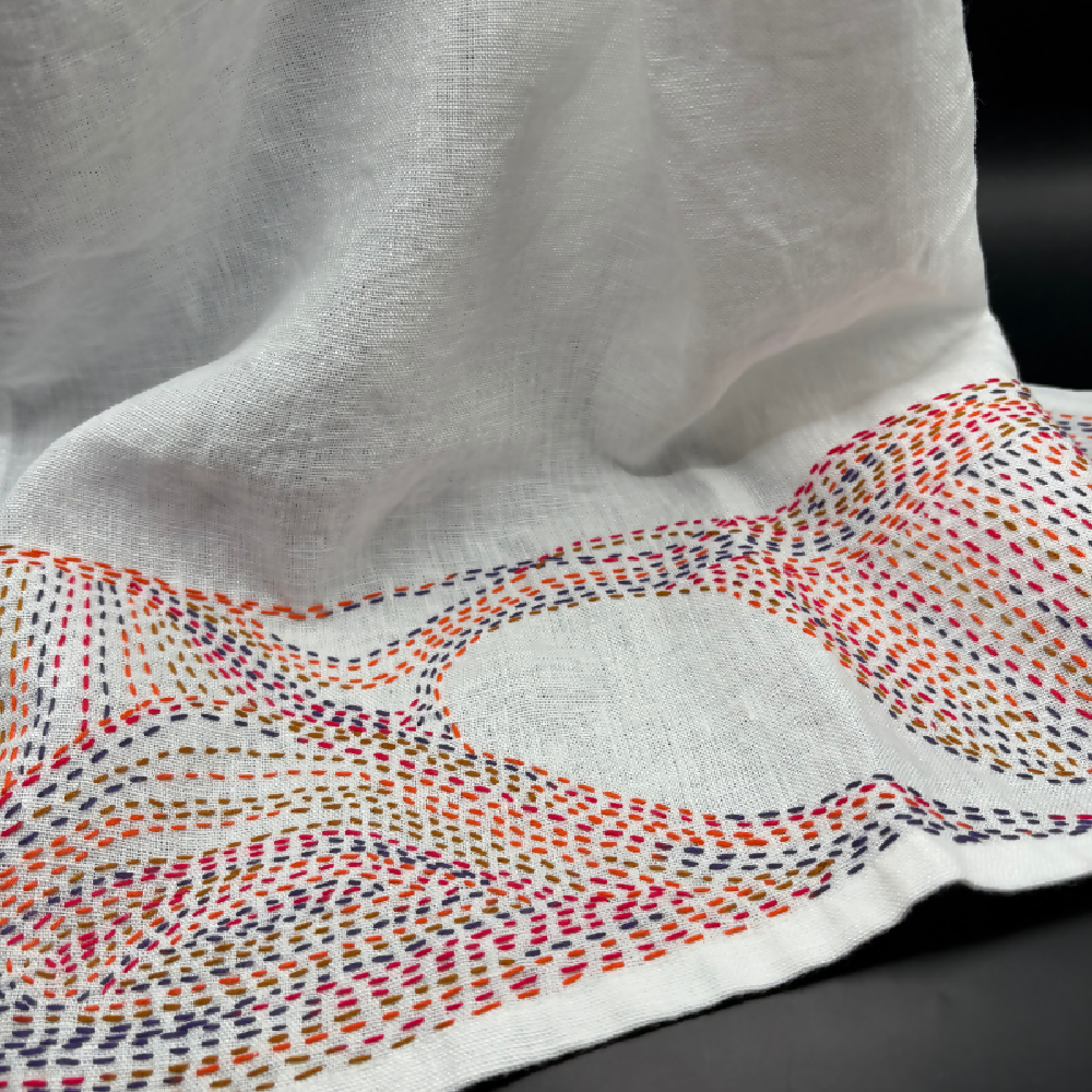 Hand stitched pure linen tea towel - Multi colour abstract by Leumesin Handmade