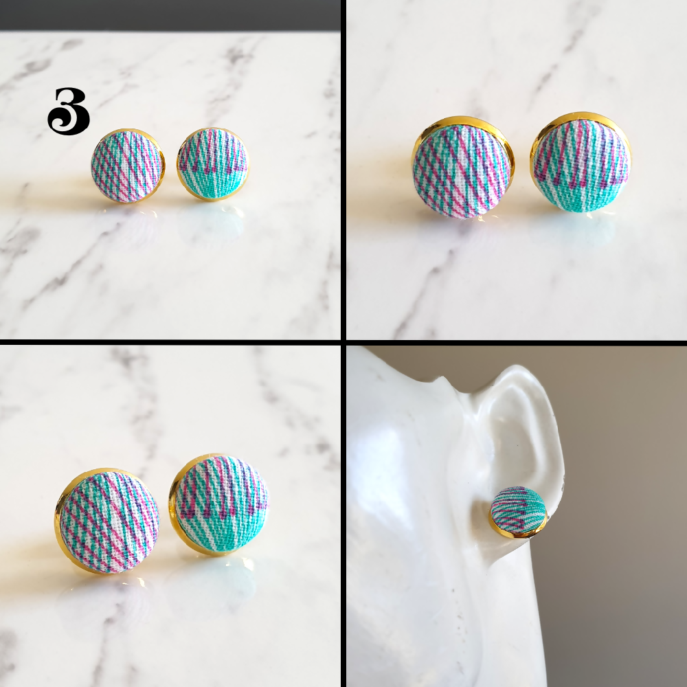 1.4cm Round Colourful Line cotton fabric Gold colour Cabochon stud earrings