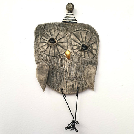 clay owl, wall decor, party hat