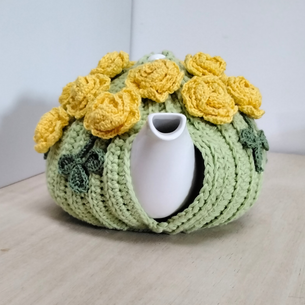 Yellow-roses-medium-large-teacosy-front-white-teapot-Australian-made-watch-the-birdy-crochet