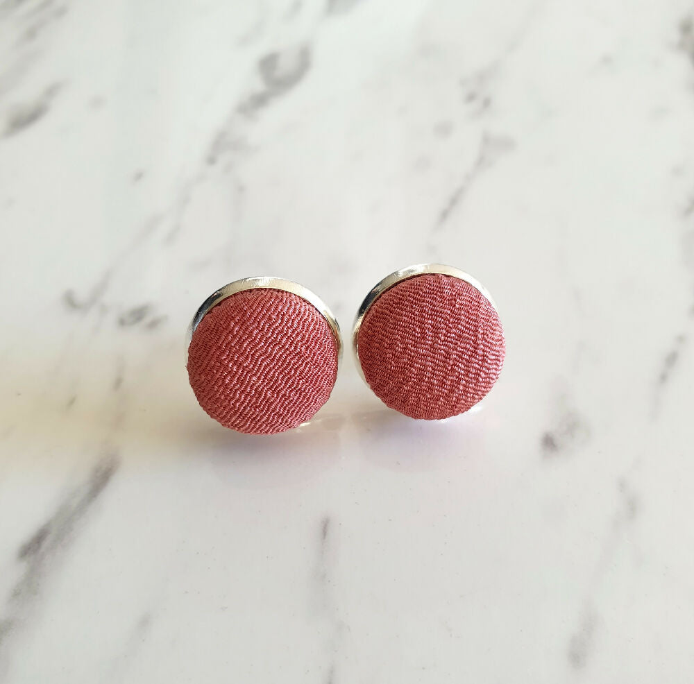 1.4cm Round White Brown Kimono Fabric Cabochon stud earrings