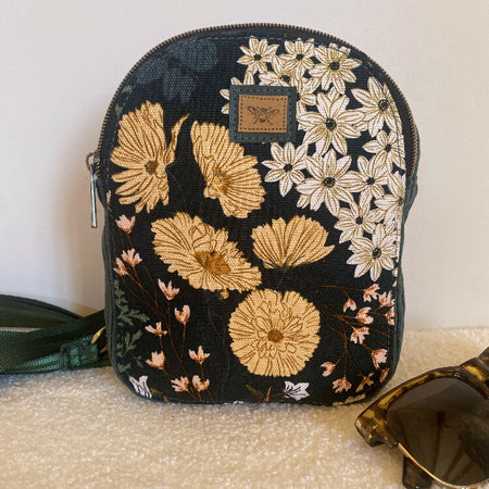 Convertible Backpack/Crossbody Bag - Yellow Flowers on Dark Green & Dark Green Corduroy