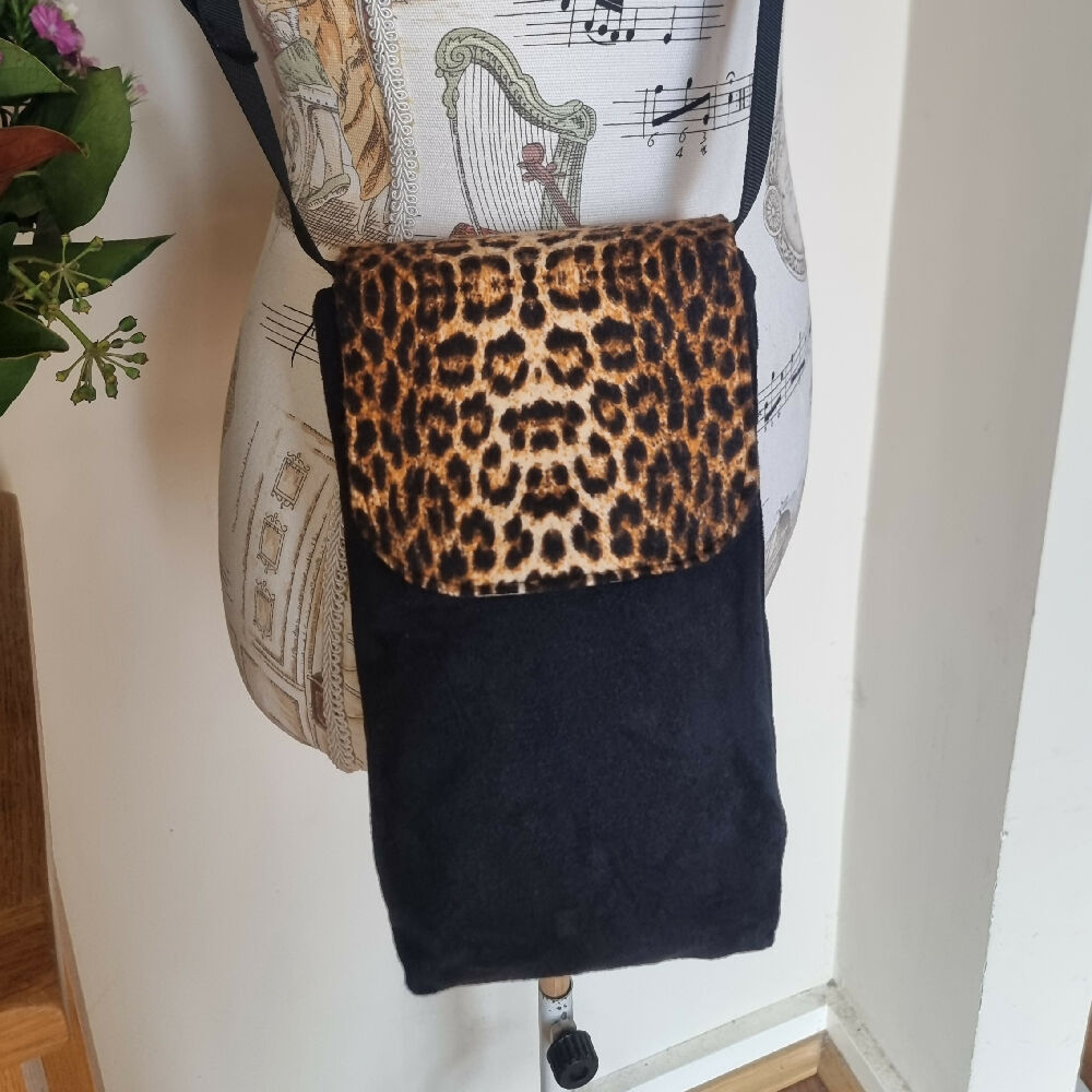 Upcycled mobile phone crossbody - suede & leopard print