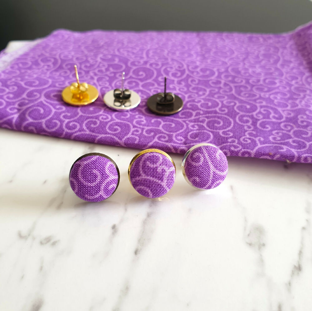 1.4cm Round Purple Plants cotton fabric Cabochon stud earrings