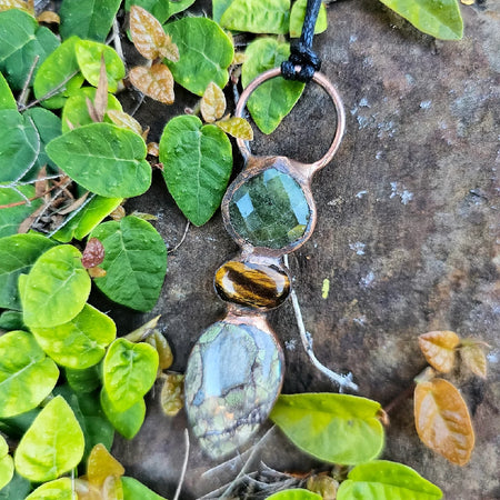 Green Garnet, Tigers Eye and Mushroom Rhyolite Electroformed Copper Pendant