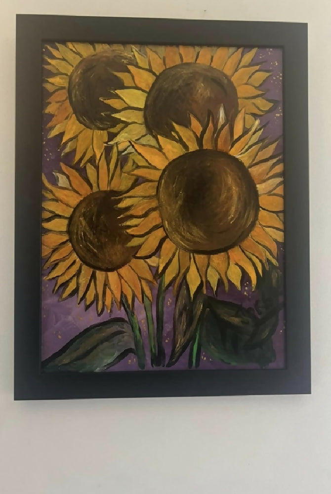 Acrylic painting depicting sunflowers , titled - A Cheeky Bunch ,