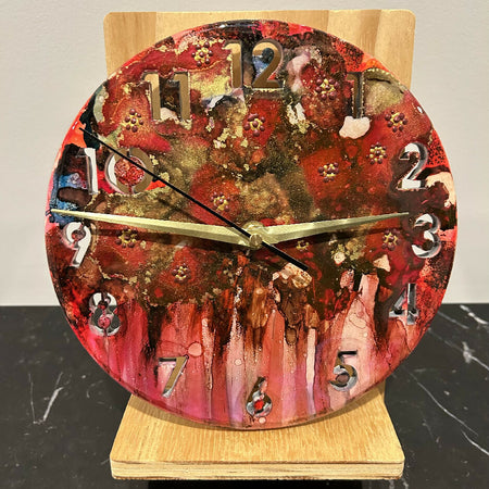 Fluid Art/Resin Small Clock/Red/Gold