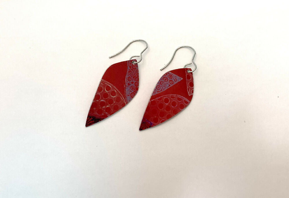Printed and dyed red anodised aluminium earrings