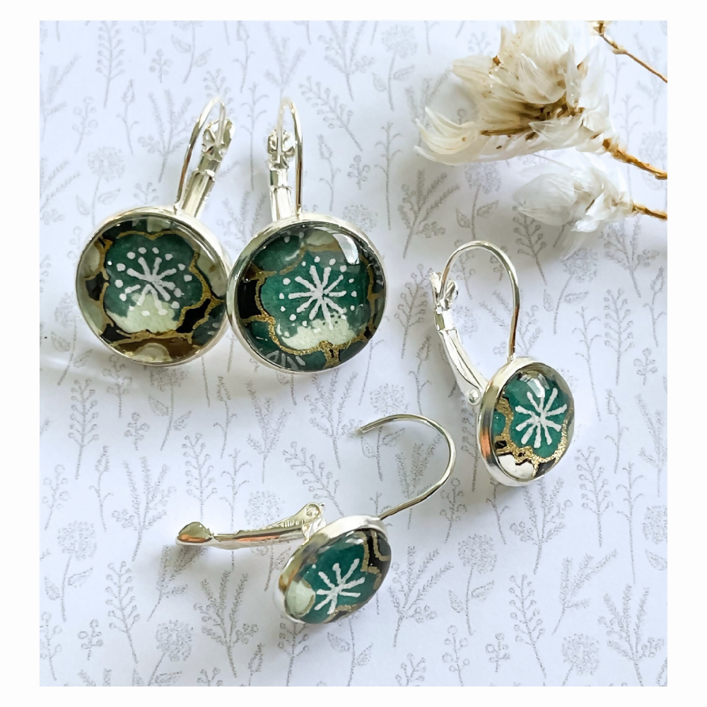 Green Flower Earrings • Cherry Blossom Earrings