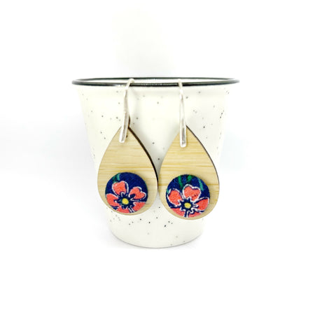 Kimono Tear Drop Earrings - XL - Blue and Red Florals