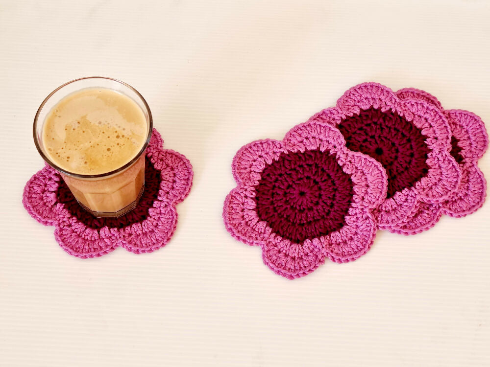 Crochet Coasters | Set of 4 | Pink with Plum