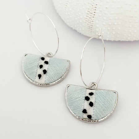 Modern hand-embroidered spots hoop earrings in silver