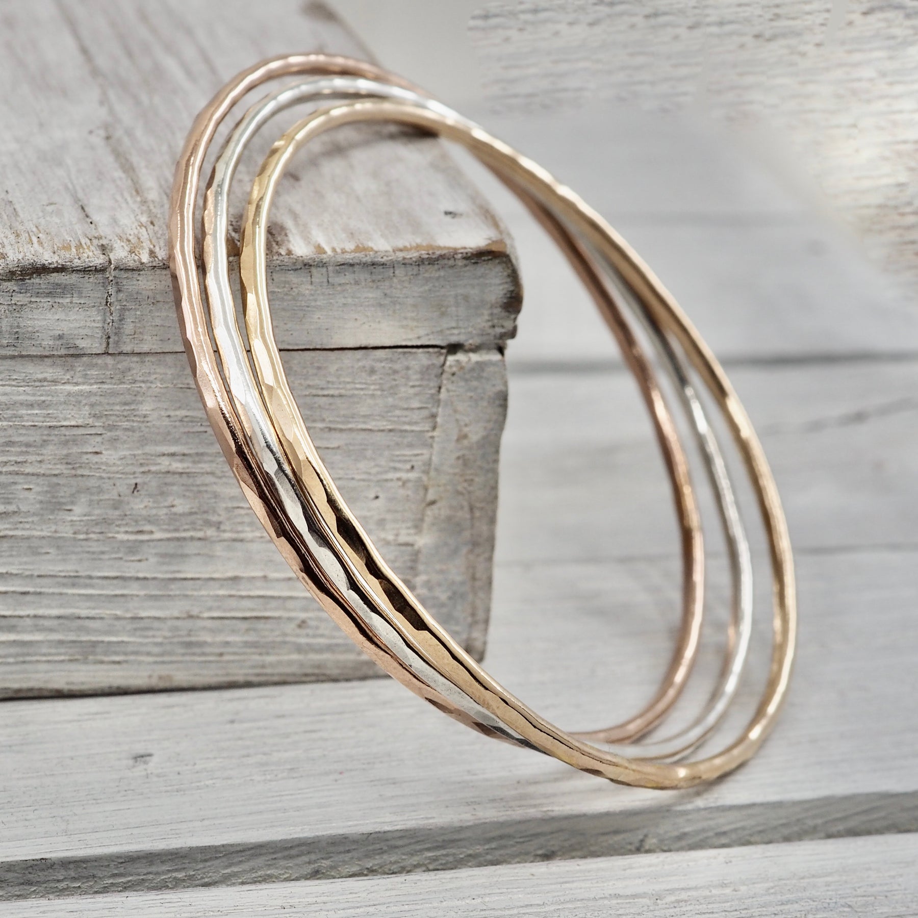 Skinny bangle set | Sterling silver and gold filled hammered bangles | Handmade in Perth, WA