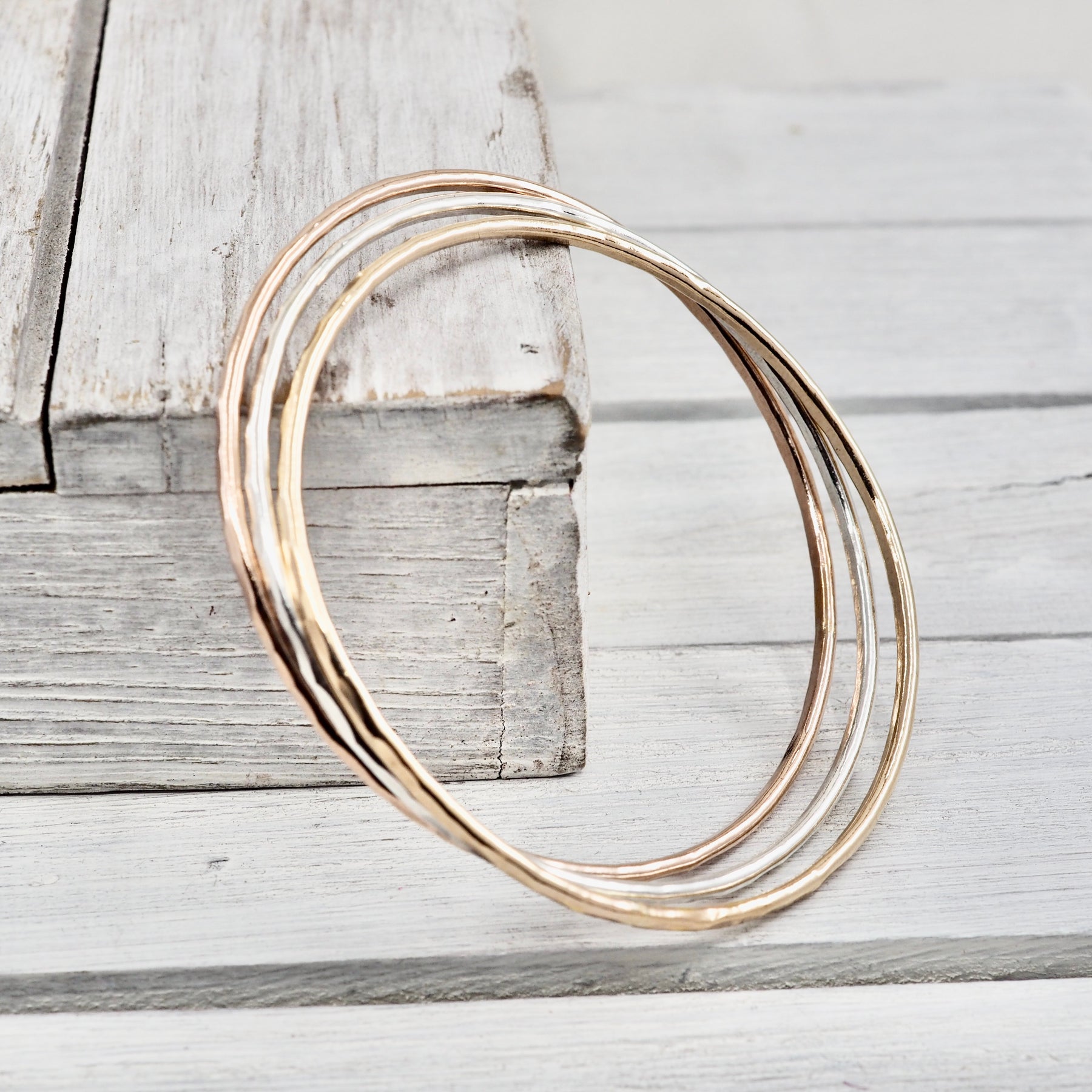 Skinny bangle set | Sterling silver and gold filled hammered bangles | Handmade in Perth, WA