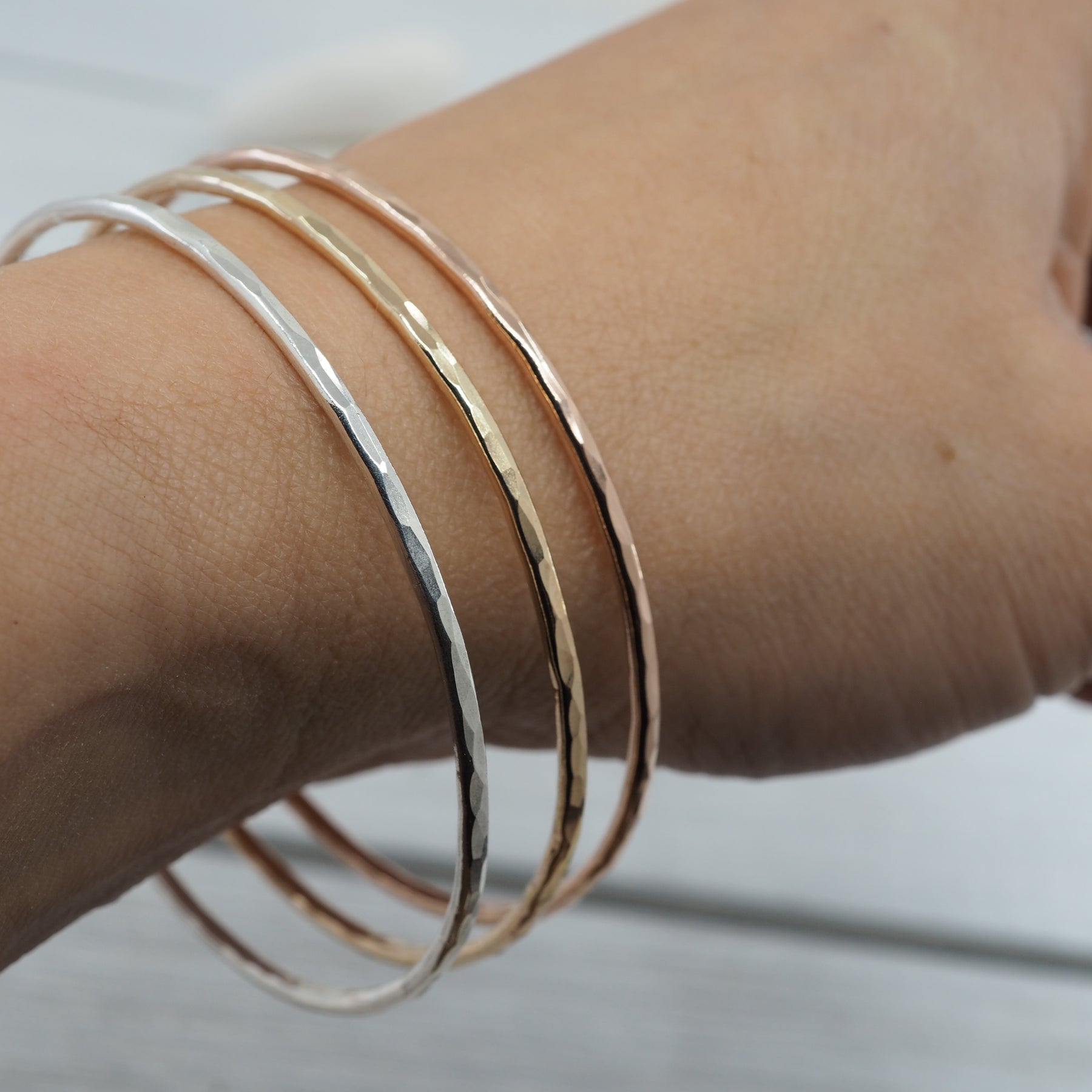 Skinny bangle set | Sterling silver and gold filled hammered bangles | Handmade in Perth, WA