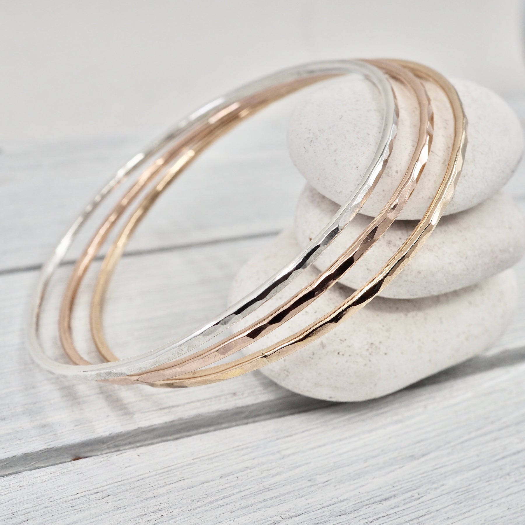 Skinny bangle set | Sterling silver and gold filled hammered bangles | Handmade in Perth, WA