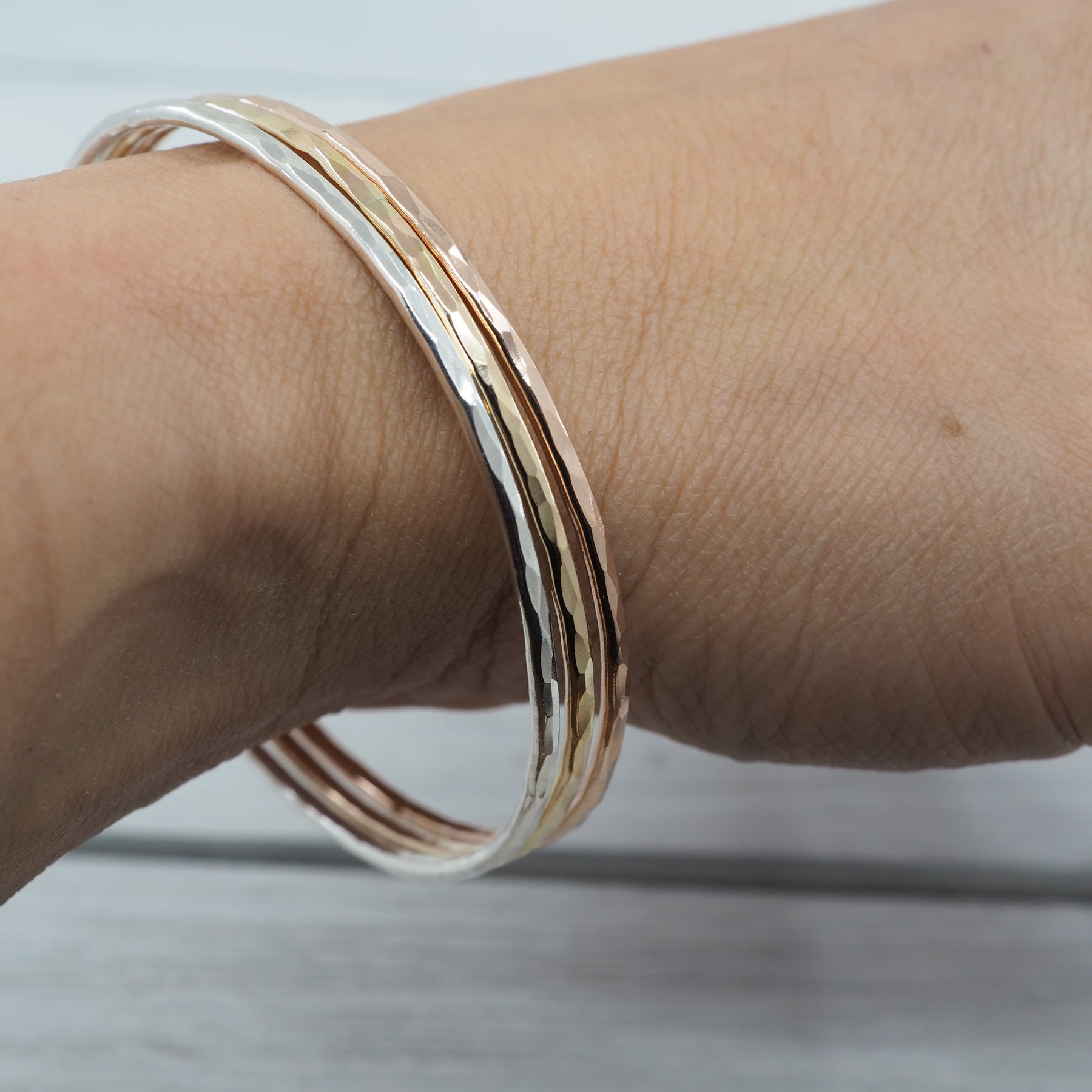 Skinny bangle set | Sterling silver and gold filled hammered bangles | Handmade in Perth, WA