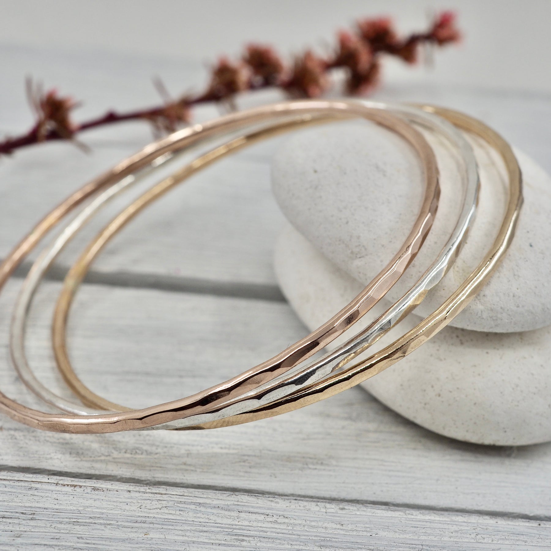 Skinny bangle set | Sterling silver and gold filled hammered bangles | Handmade in Perth, WA