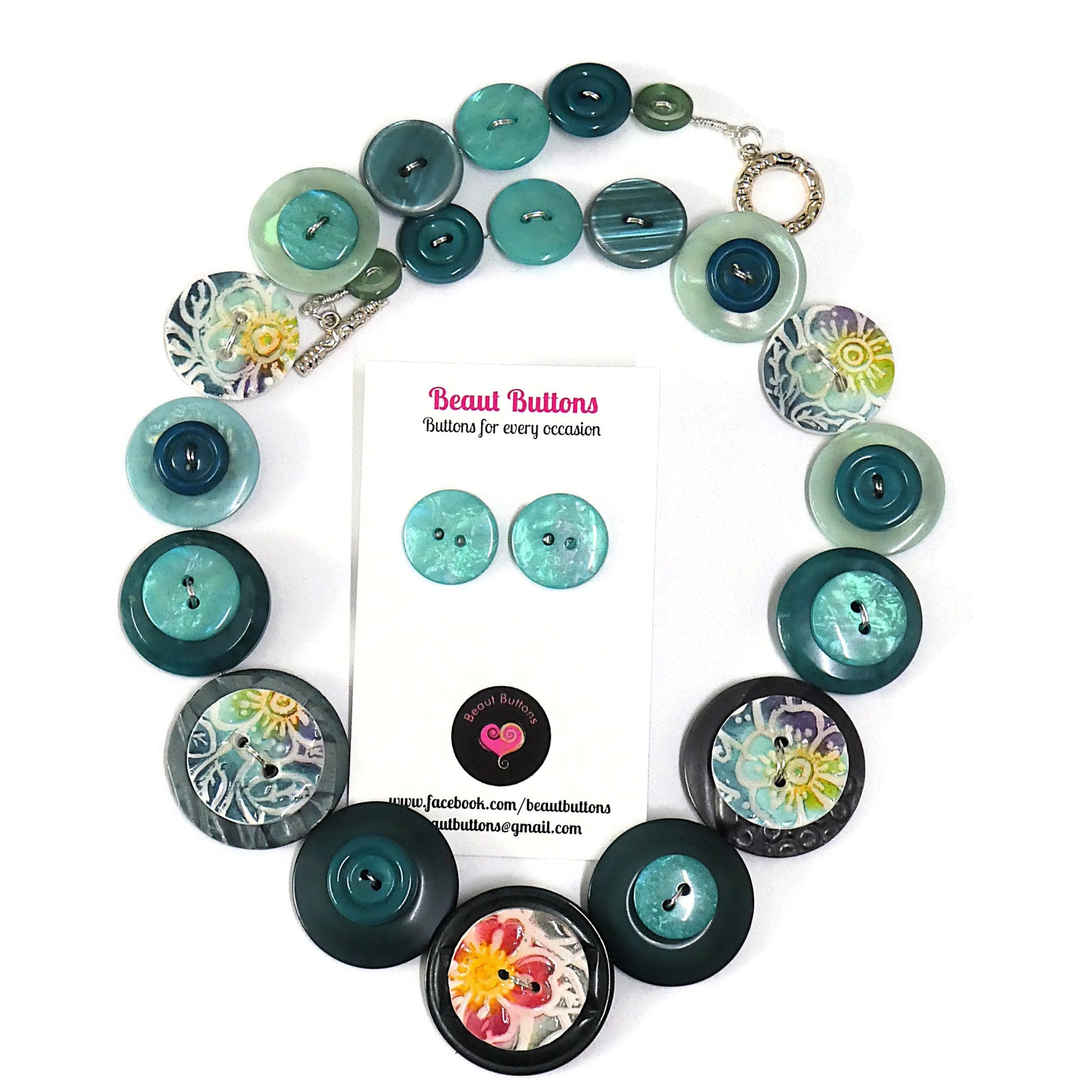 Button necklace and earrings - Blue Lagoon