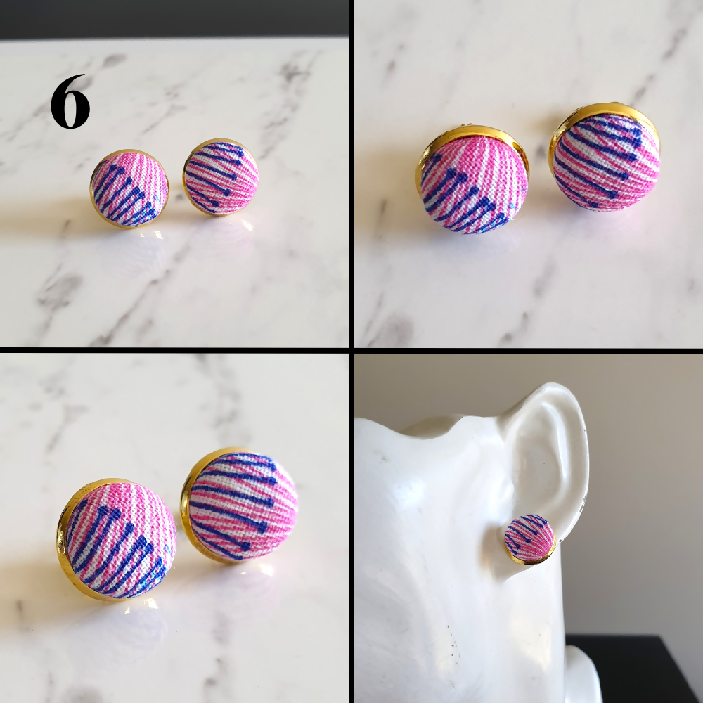 1.4cm Round Colourful Line cotton fabric Gold colour Cabochon stud earrings