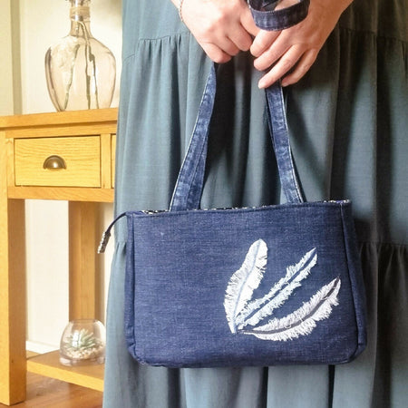 Upcycled denim shoulder bag - applique denim feathers