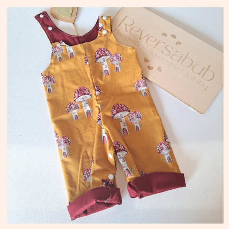 Mushroom print fabric with plain burgundy Reversible Overalls