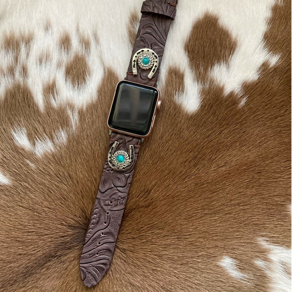 Leather Apple Watch Band - Embossed with Horseshoe Conchos