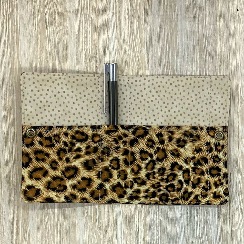 Leopard Spot refillable fabric pocket notepad cover with snap closure. Incl. book and pen.