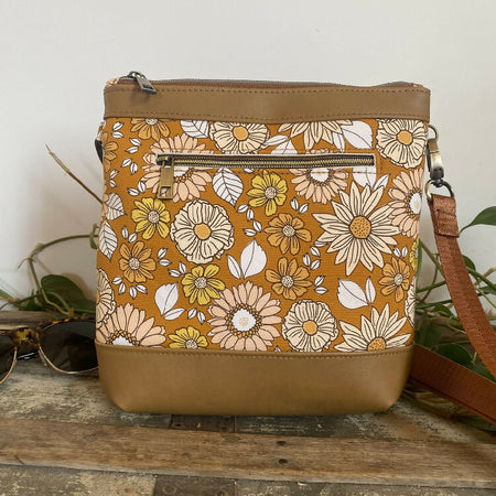 Mia Crossbody Bag - Sunflowers & Daisies on Tan/Tan Faux Leather