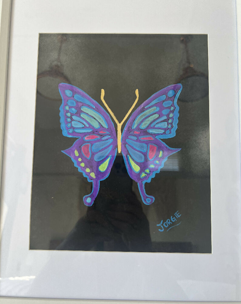 watercolor painting , study of butterflies , framed to hang or stand on table