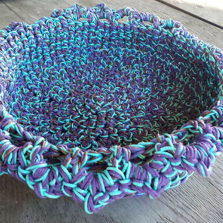 crochet waxed cotton basket with trim