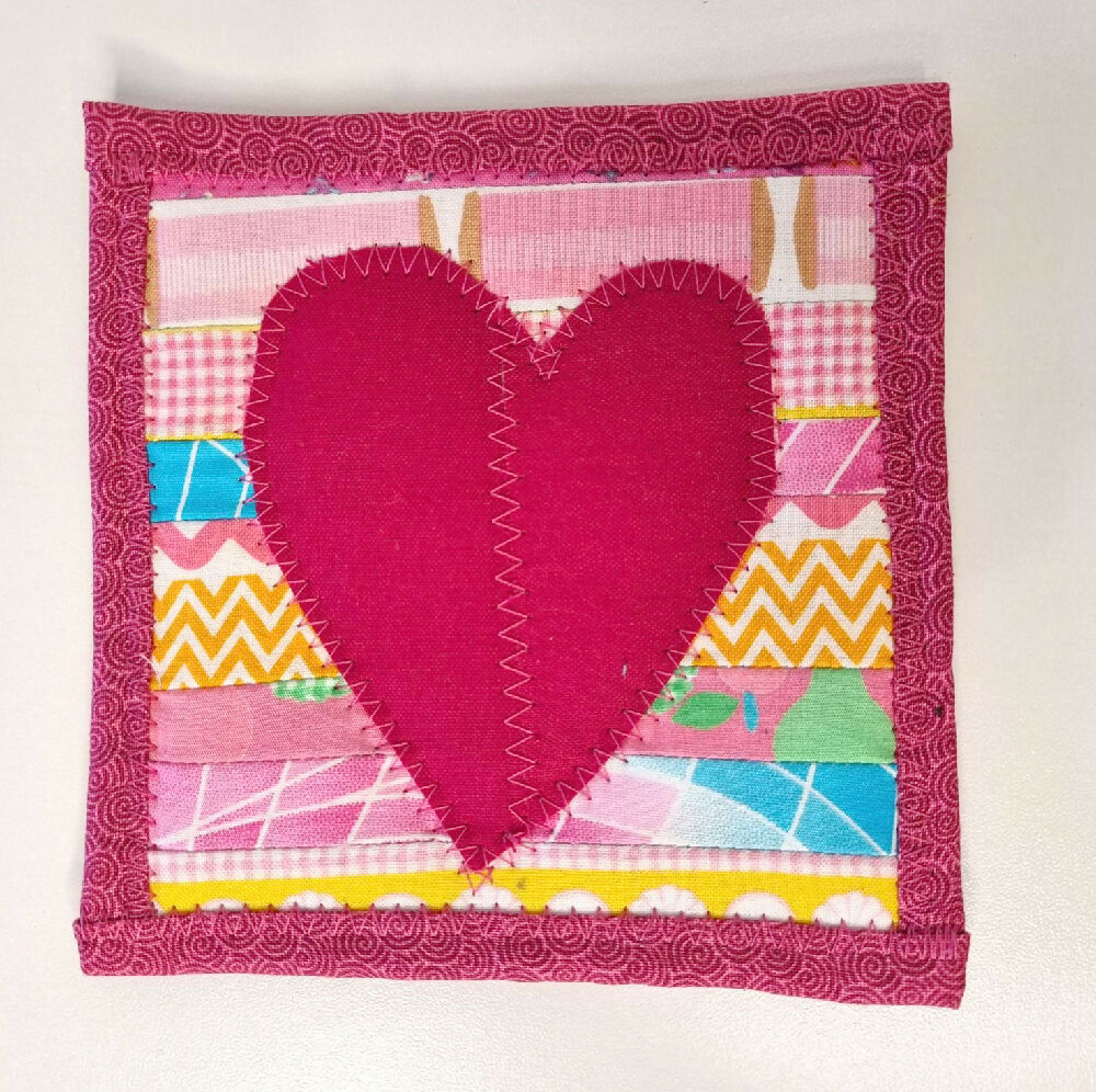 Pink Mug Rug with Heart - Single Coaster - FREE SHIPPING!