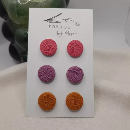 boho stud trio- rose, purple, pumpkin polymer clay, hypoallergenic