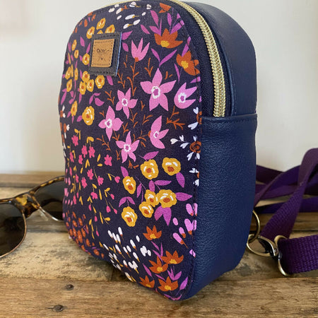 Convertible Backpack/Crossbody Bag - Mauve Floral/Navy Faux Leather