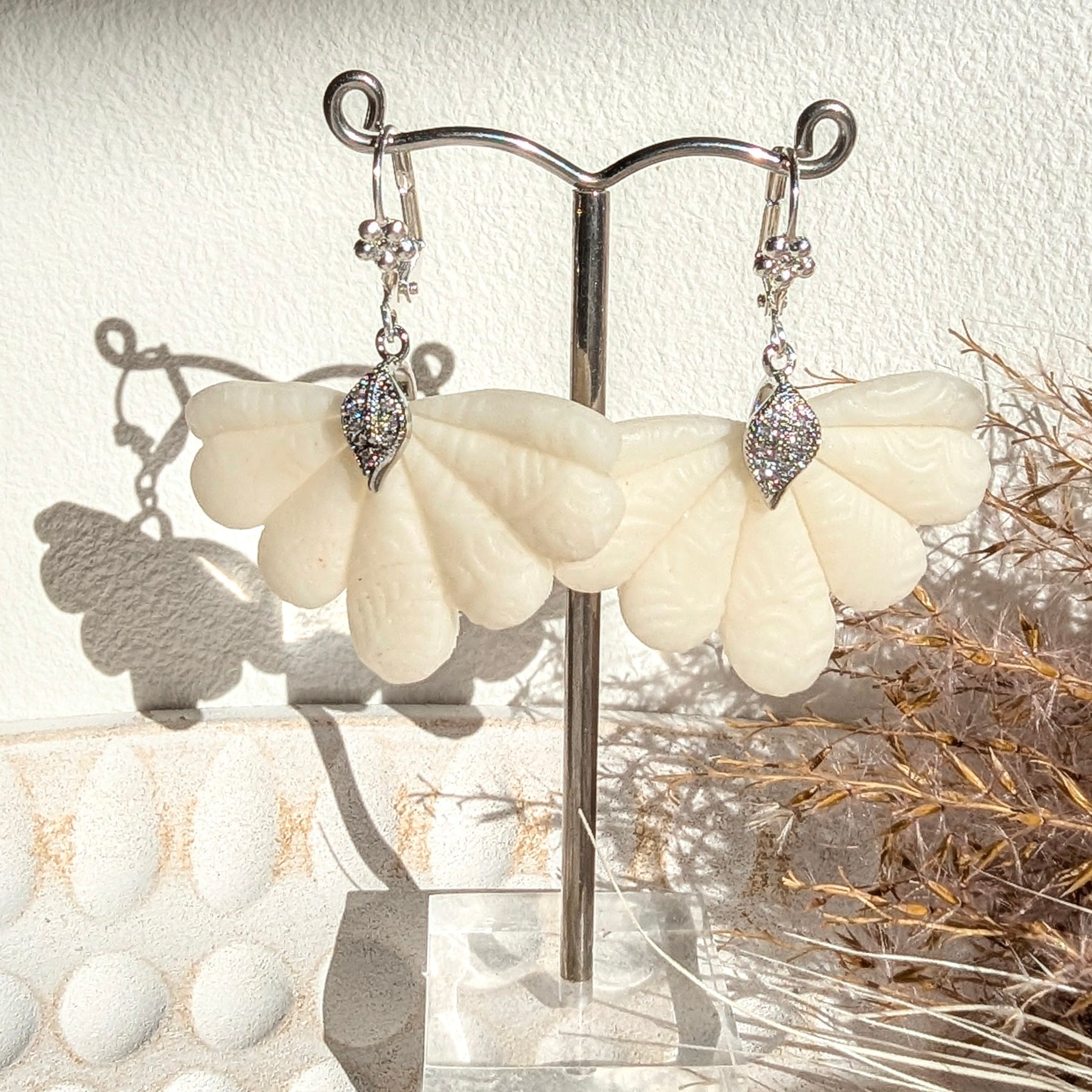 Cream and Silver Drop Earrings, Half Flower Design.