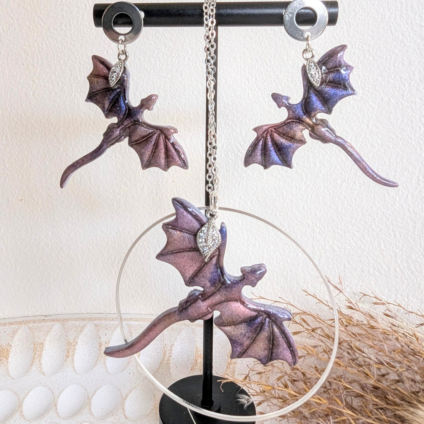 Shimmery Pink and Purple Dragon Pendant and Earrings