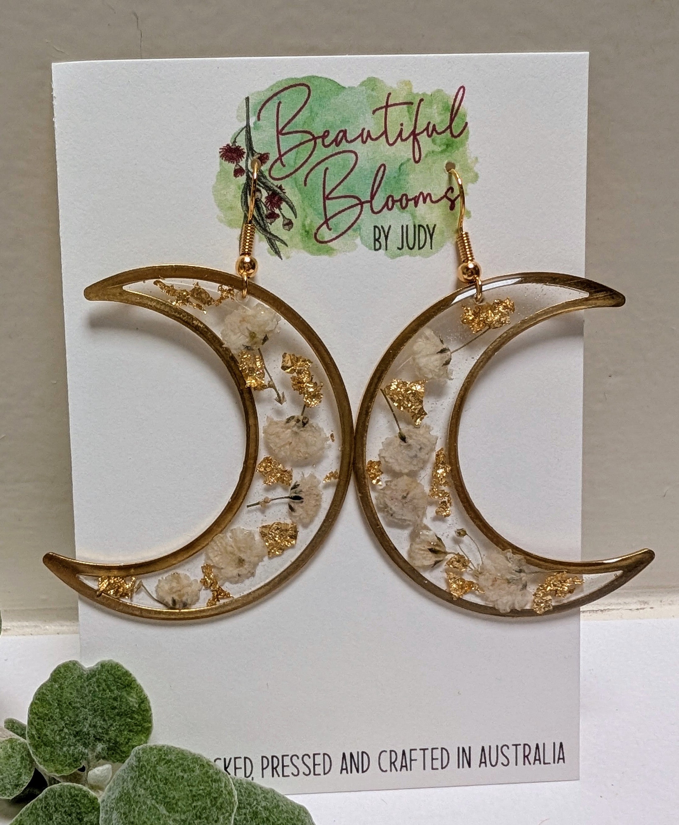 Large statement earrings, crescent moon, real flowers
