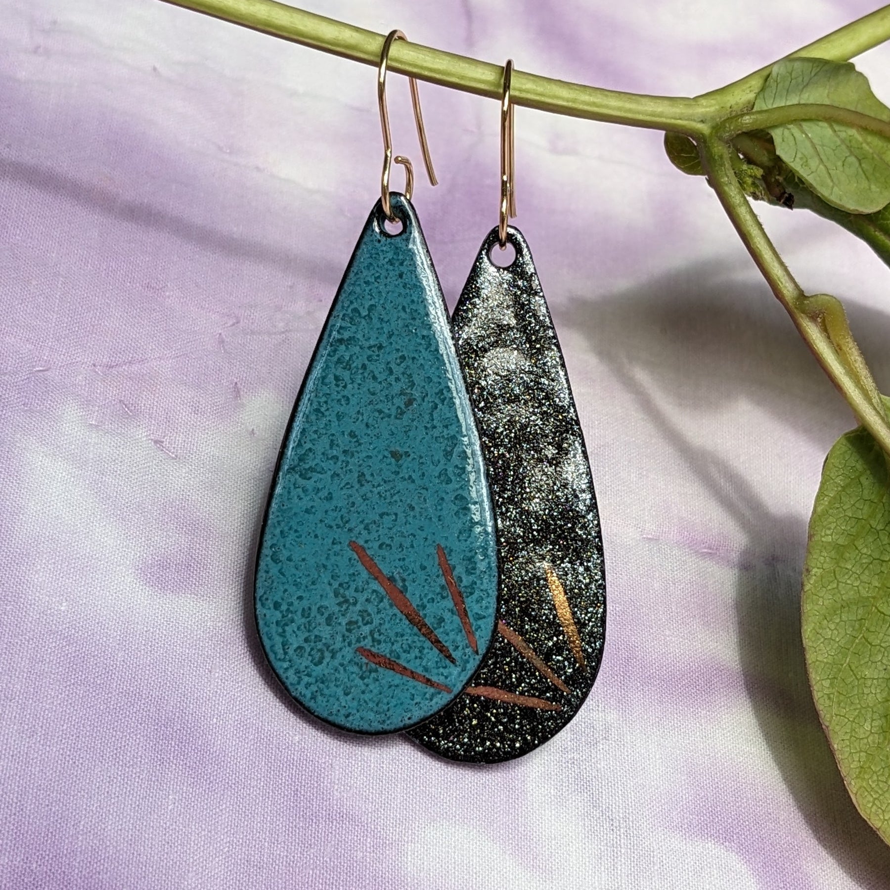 Lightweight Ceramic Sisters Teardrop Earrings, Black, Blue, Green, Gold, Sparkle