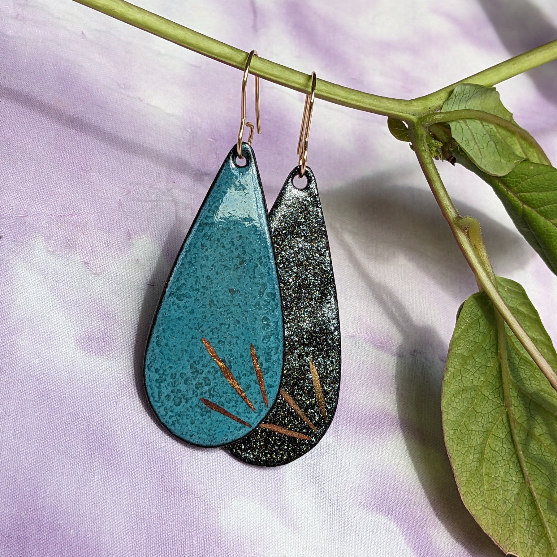 Lightweight Ceramic Sisters Teardrop Earrings, Black, Blue, Green, Gold, Sparkle