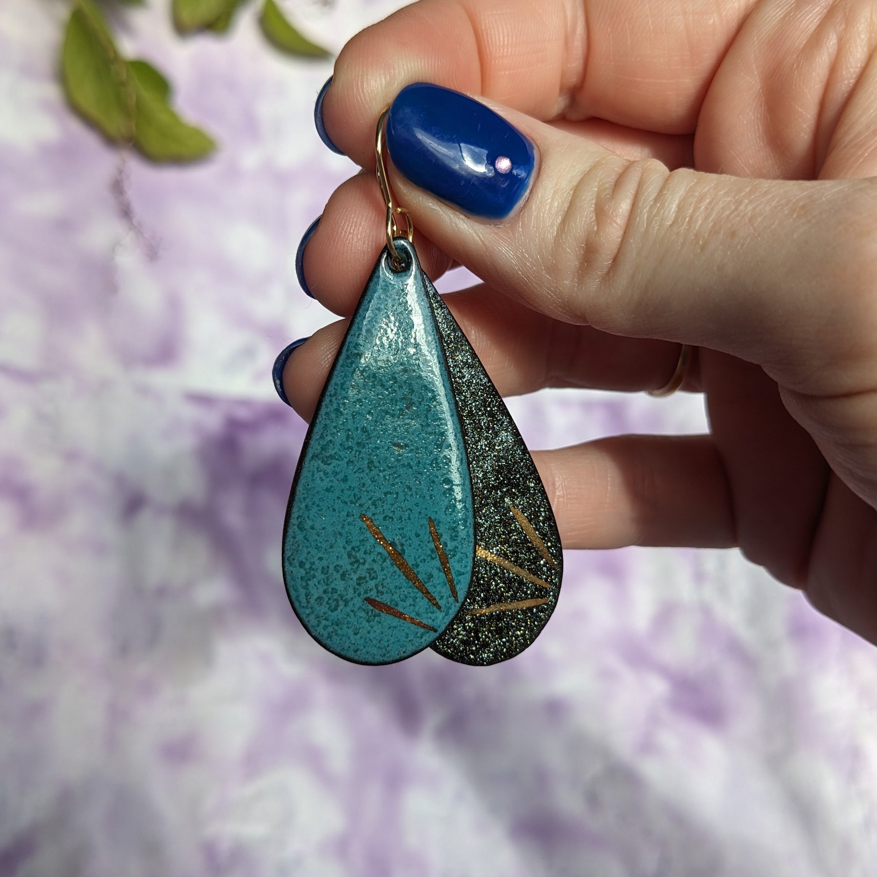 Lightweight Ceramic Sisters Teardrop Earrings, Black, Blue, Green, Gold, Sparkle