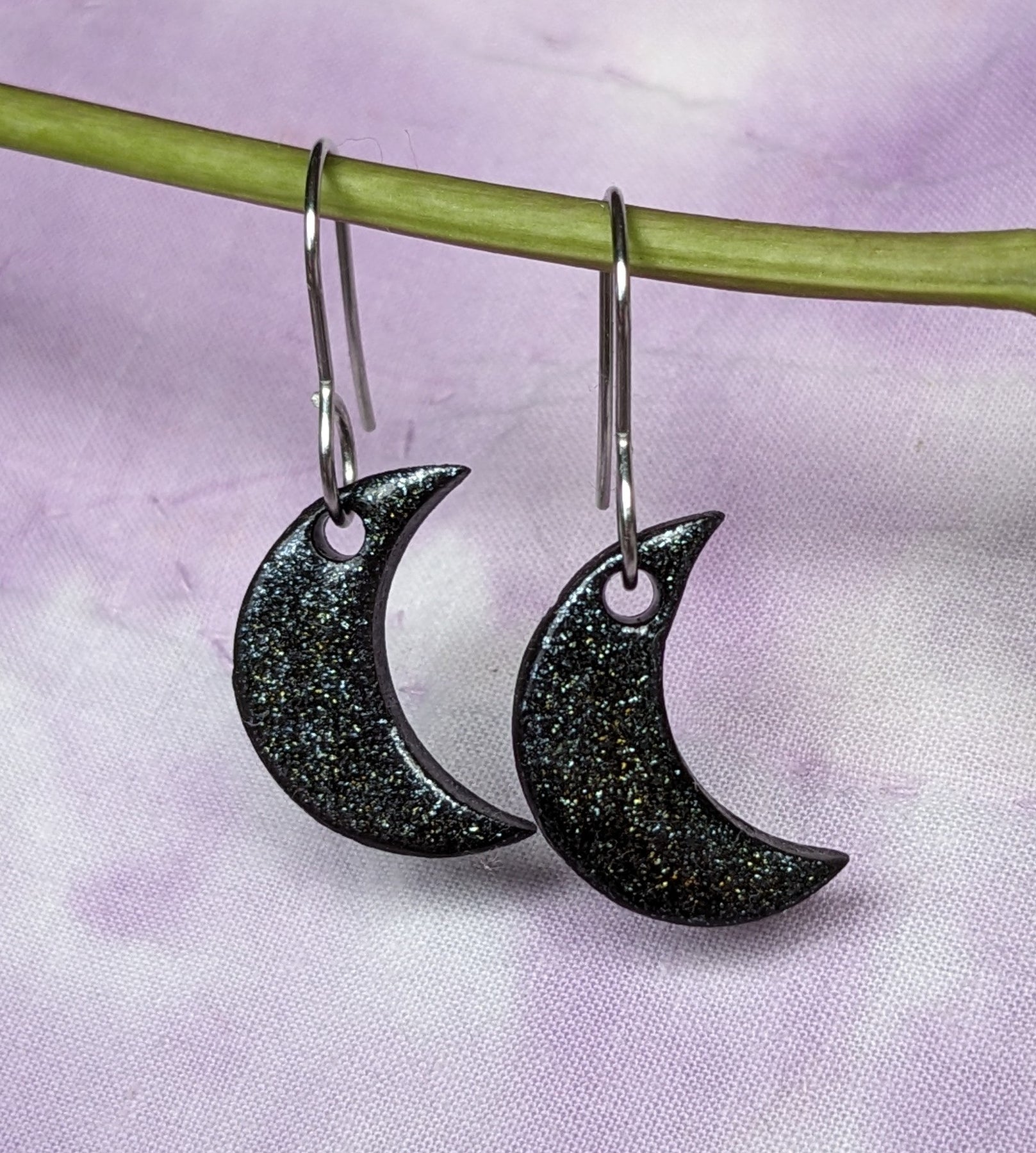 Midnight Sparkle Crescent Moon Dangle Earrings, Black, Gold